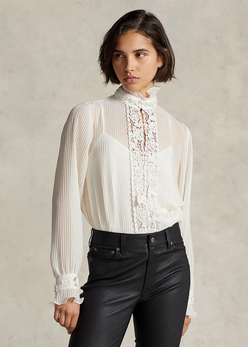 ポロ ラルフ ローレン トップス レディース 白 Pintucked Lace-trim Georgette Blouse YQBUM0513